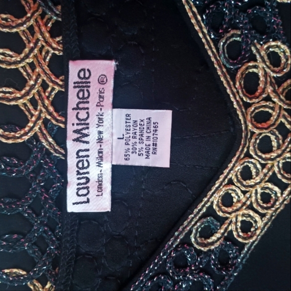 Vintage Lauren Michelle Black&Gold Embroidered V-neck Blouse (Size Large) - Picture 9 of 9